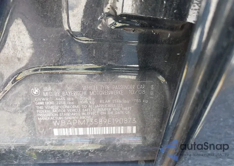 2009 BMW 335I z USA, uszkodzony, nr VIN WBAPM73589E190873